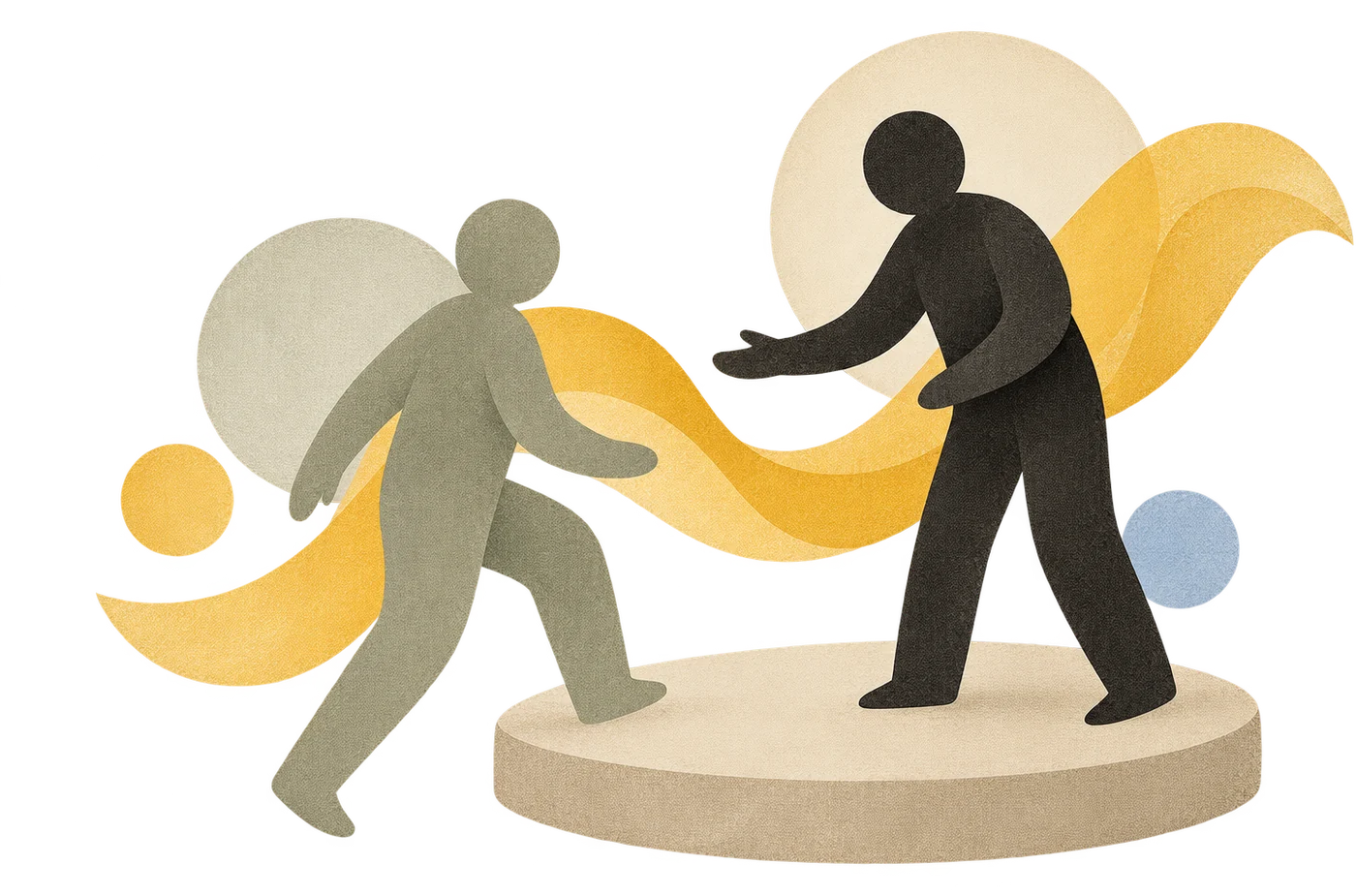 Una figura avanza hacia otra que le extiende la mano, sobre una tarima.