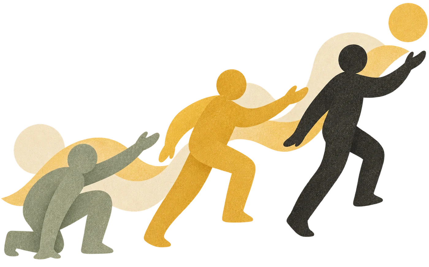 Tres figuras en distintas alturas: una agachada, una a media altura, una de pie.